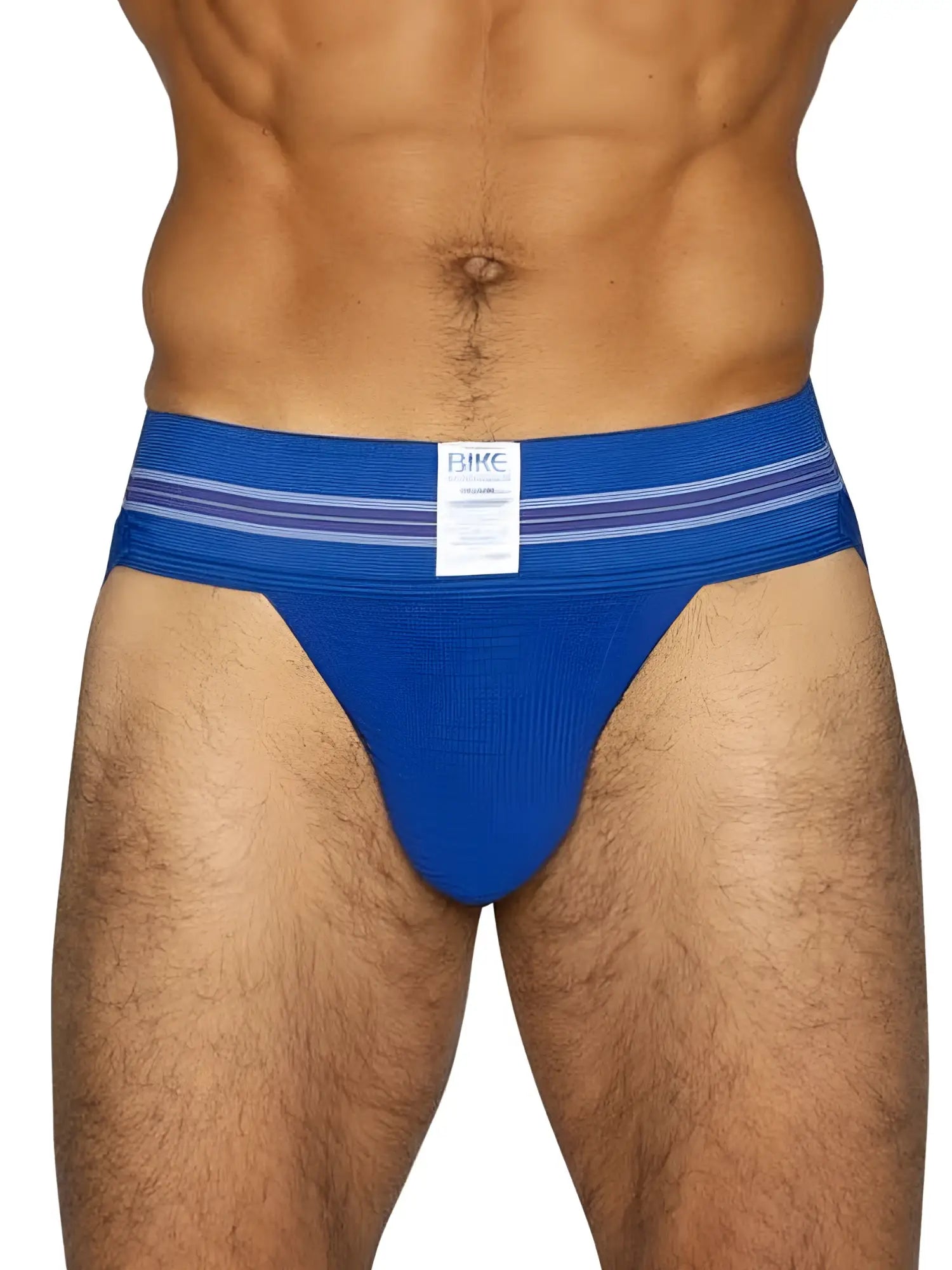 Front view of the royal blue BIKE Athletic BAS306 Original Number 10 jockstrap worn on a model.