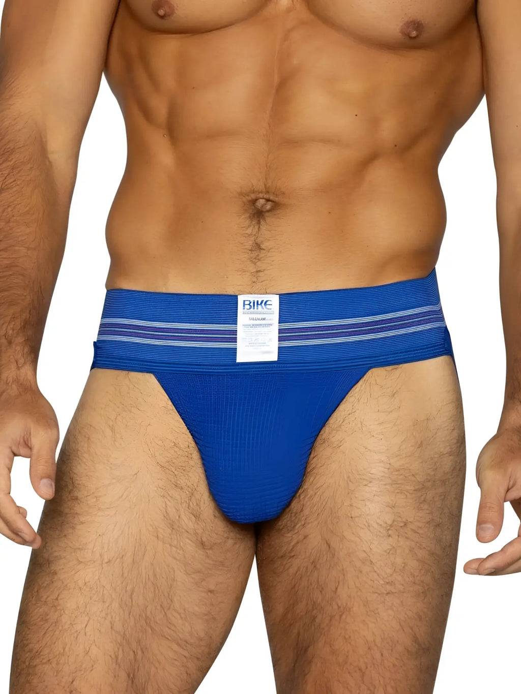 Front view of a model wearing a BIKE Athletic BAS306 Original Number 10 jockstrap in royal blue.