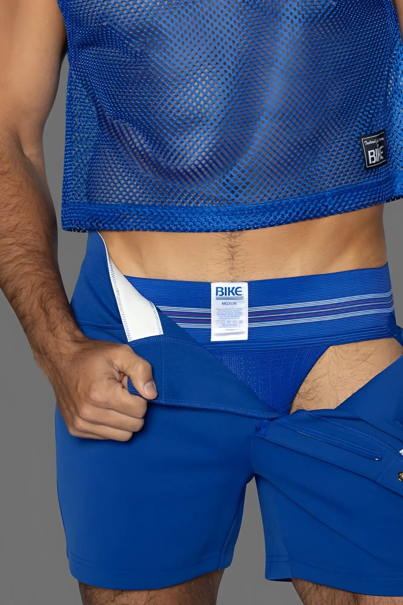 BIKE Athletic BAS306 Original Number 10 Jockstrap in Royal, front lifestyle view showing waistband detail.