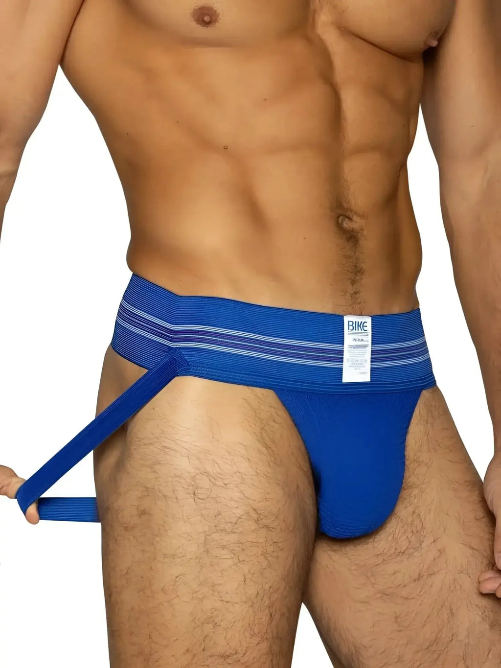 BIKE Athletic BAS306 Original Number 10 jockstrap in royal, shown in a front view on a model.