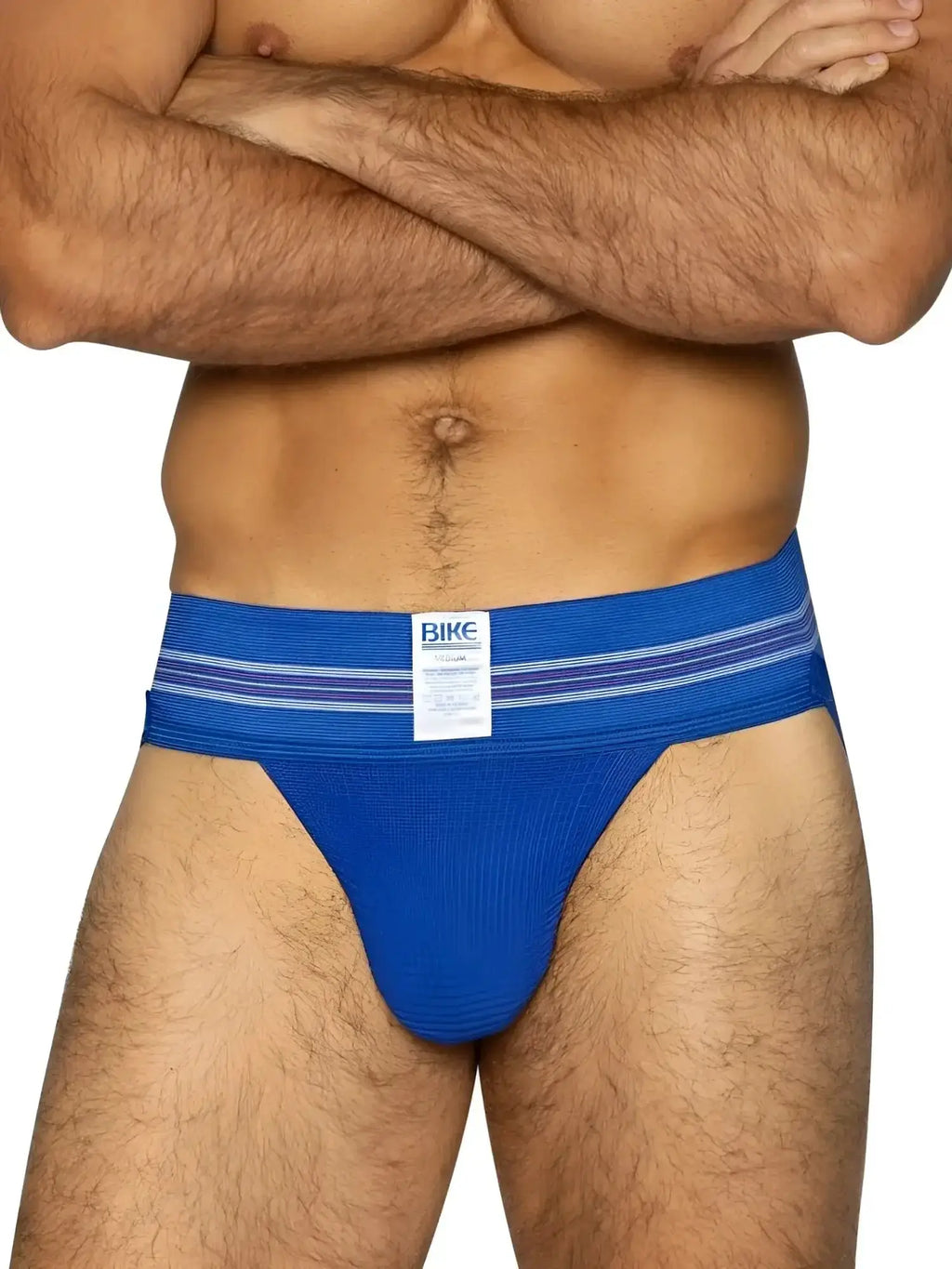 Front view of the royal BIKE Athletic BAS306 Original Number 10 jockstrap worn by a man.