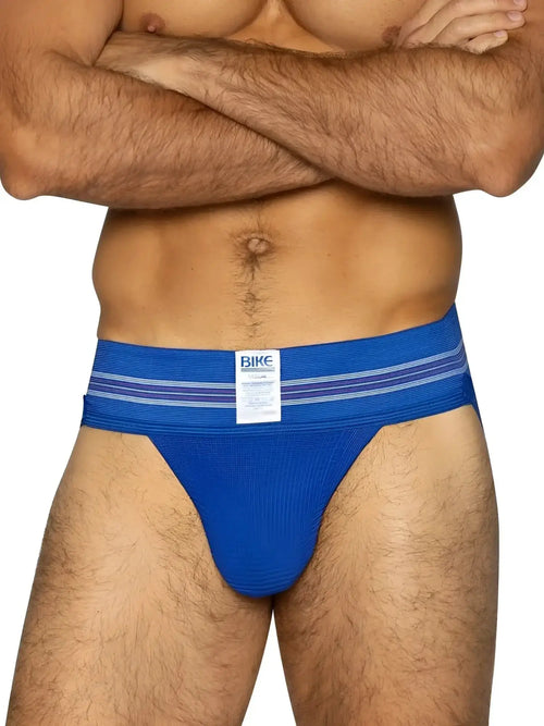 Front view of the royal BIKE Athletic BAS306 Original Number 10 jockstrap worn by a man.