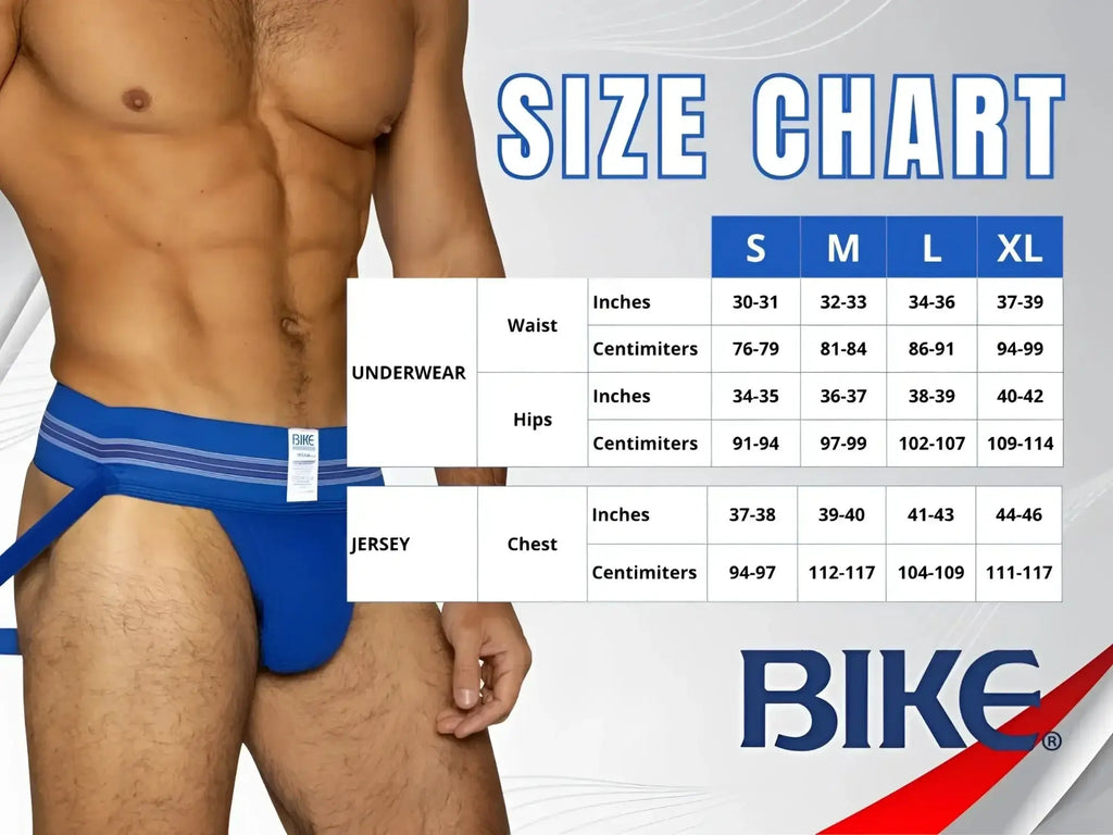 BIKE Athletic BAS306 blue jockstrap lifestyle shot with included size chart for underwear and jerseys.
