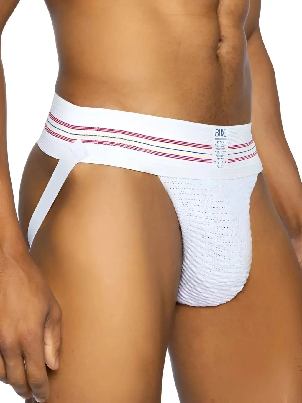 BIKE Athletic BAS306 Original Number 10 jockstrap in white. Front lifestyle view on a model.