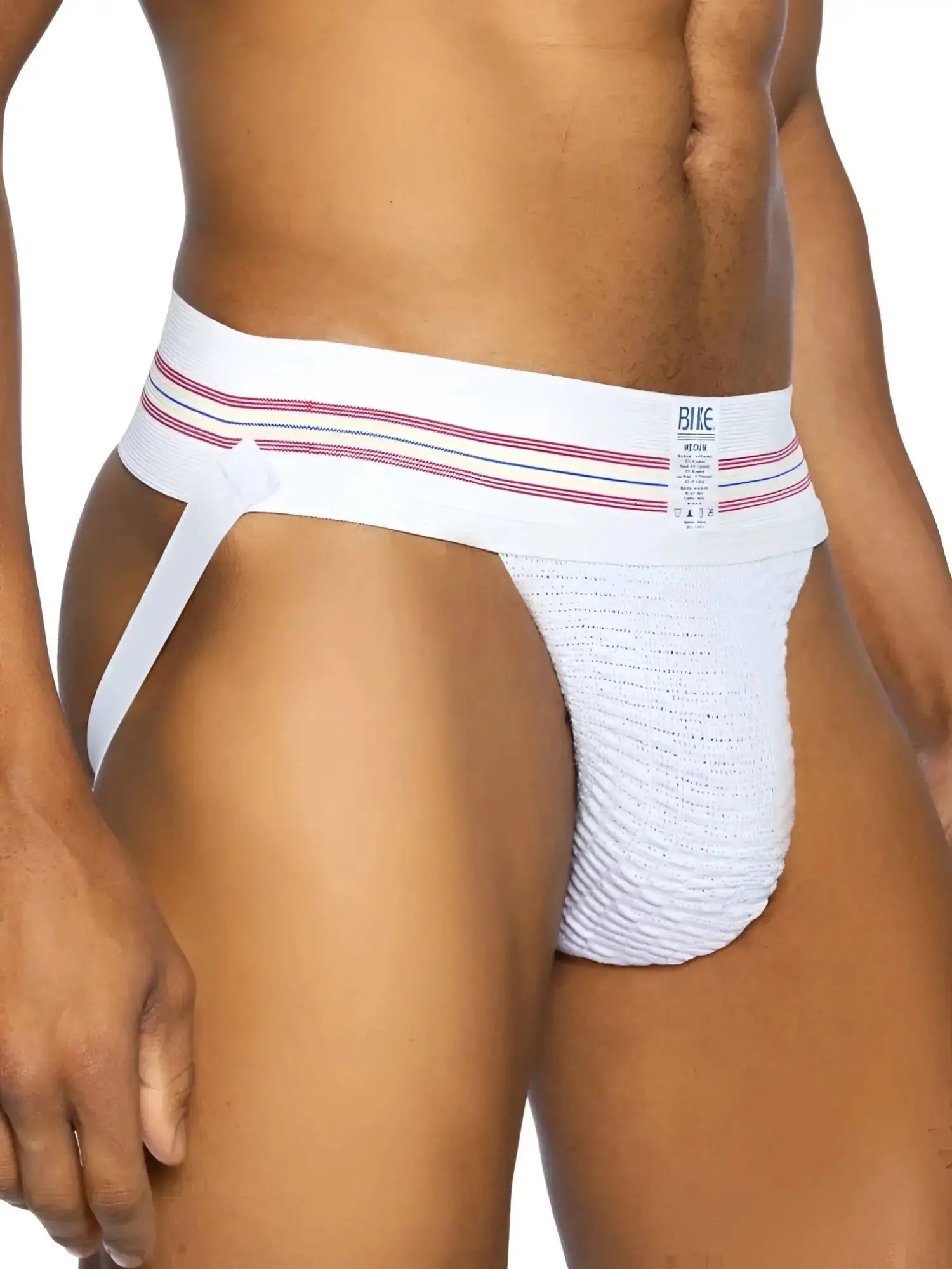 BIKE Athletic BAS306 Original Number 10 jockstrap in white. Front lifestyle view on a model.