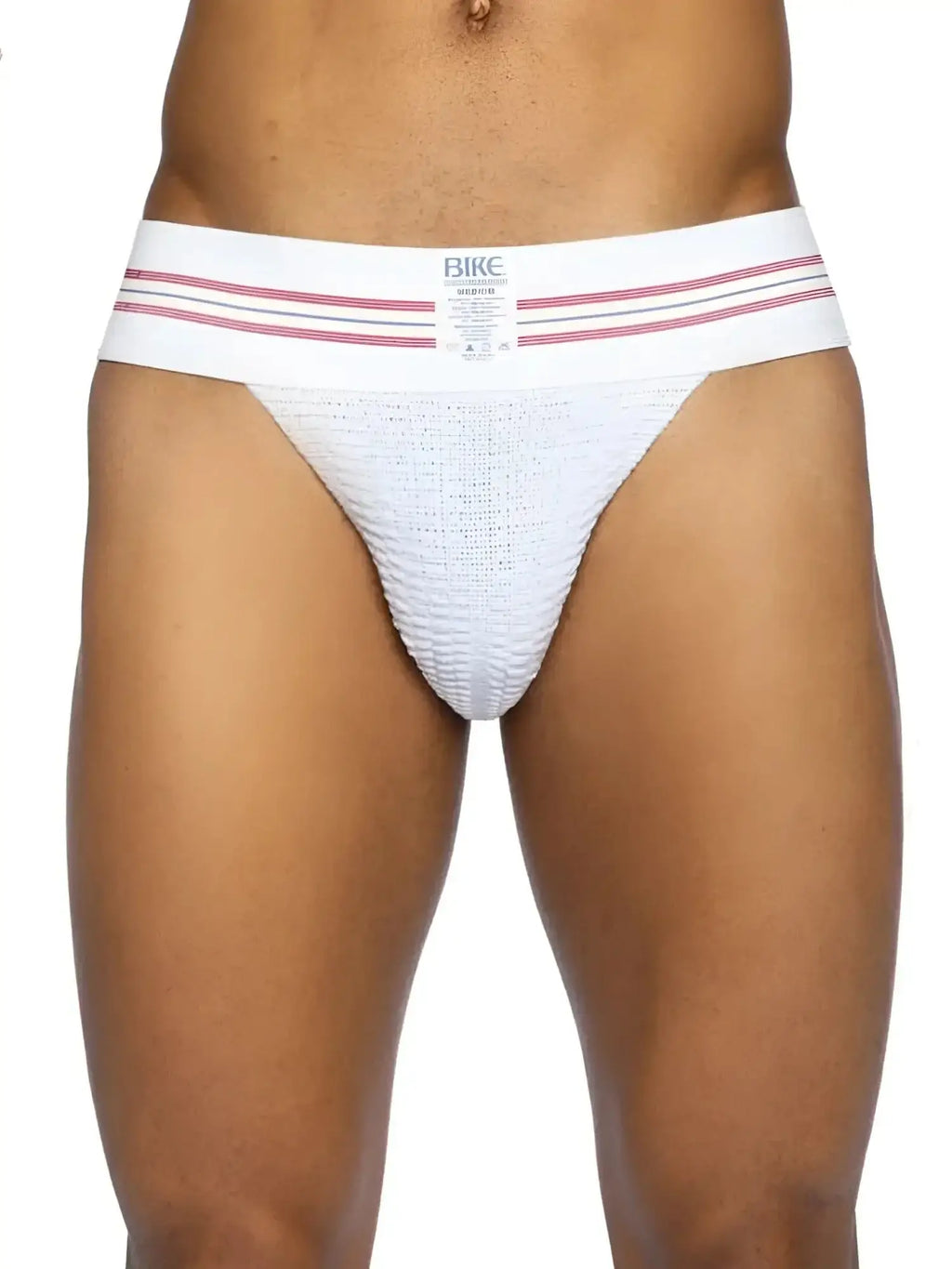 Front view of a white BIKE Athletic BAS306 Original Number 10 jockstrap on a model.