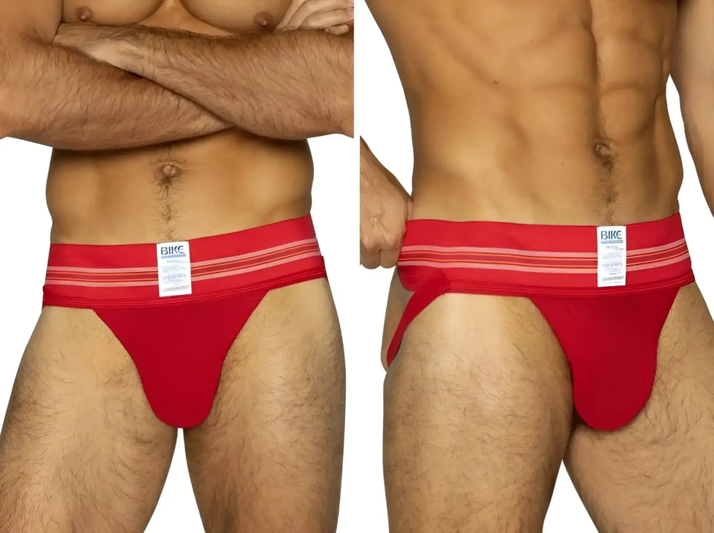 BIKE Athletic BAS306 Original Number 10 red jockstrap, shown in front and side lifestyle views on a model.