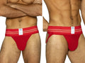 BIKE Athletic BAS306 Original Number 10 red jockstrap, shown in front and side lifestyle views on a model.