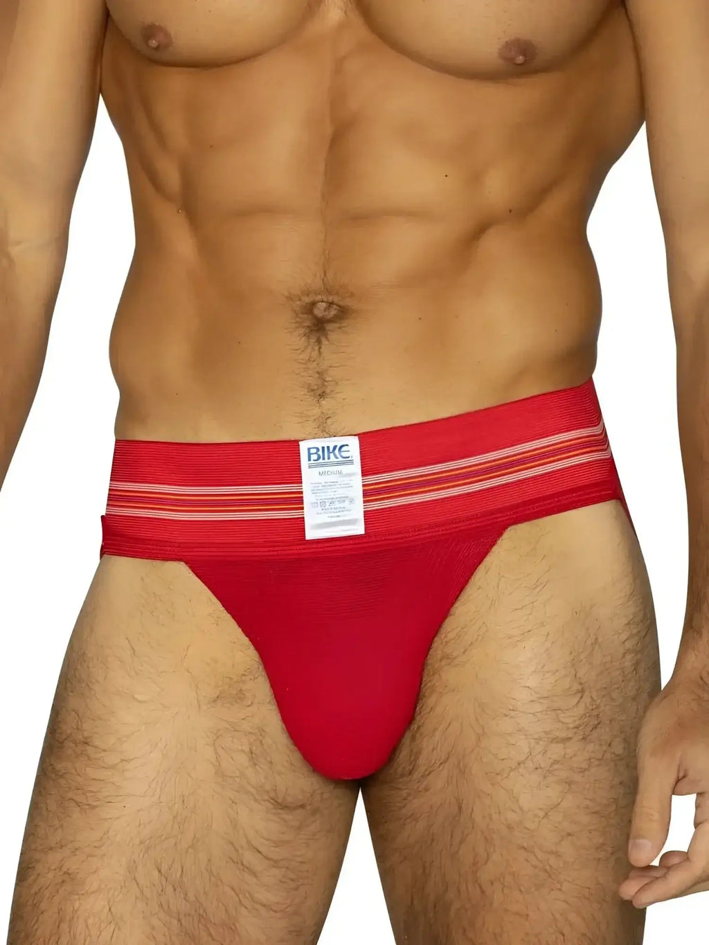 BIKE Athletic BAS306 Original Number 10 Jockstrap in red; front view on a model.