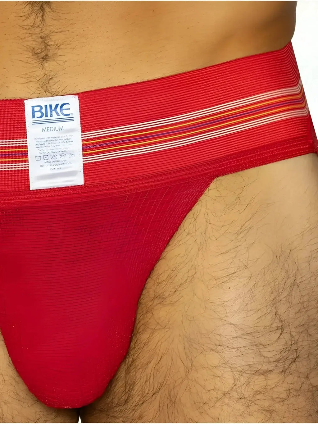 BIKE Athletic BAS306 Original Number 10 red jockstrap, close-up front view showing branded waistband and pouch.