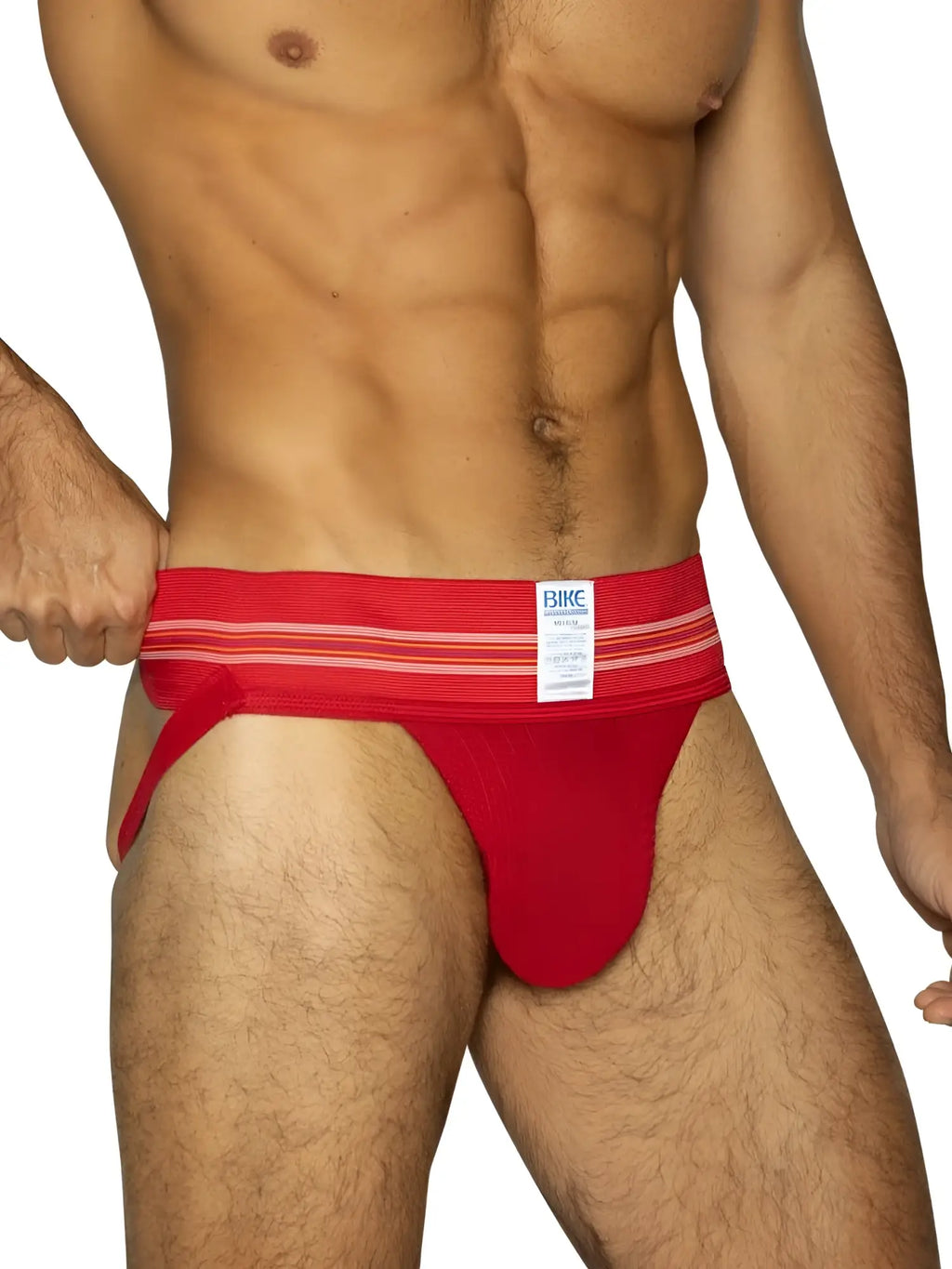 Front view of a man wearing a red BIKE Athletic BAS306 Original Number 10 jockstrap.
