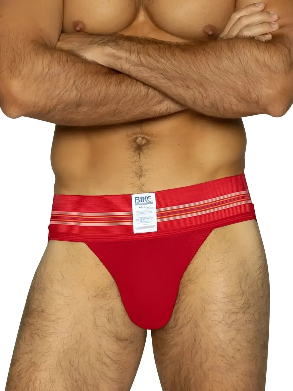 Front view of BIKE Athletic BAS306 Original Number 10 jockstrap in vibrant red.