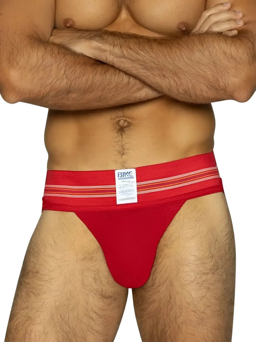 Front view of BIKE Athletic BAS306 Original Number 10 jockstrap in vibrant red.