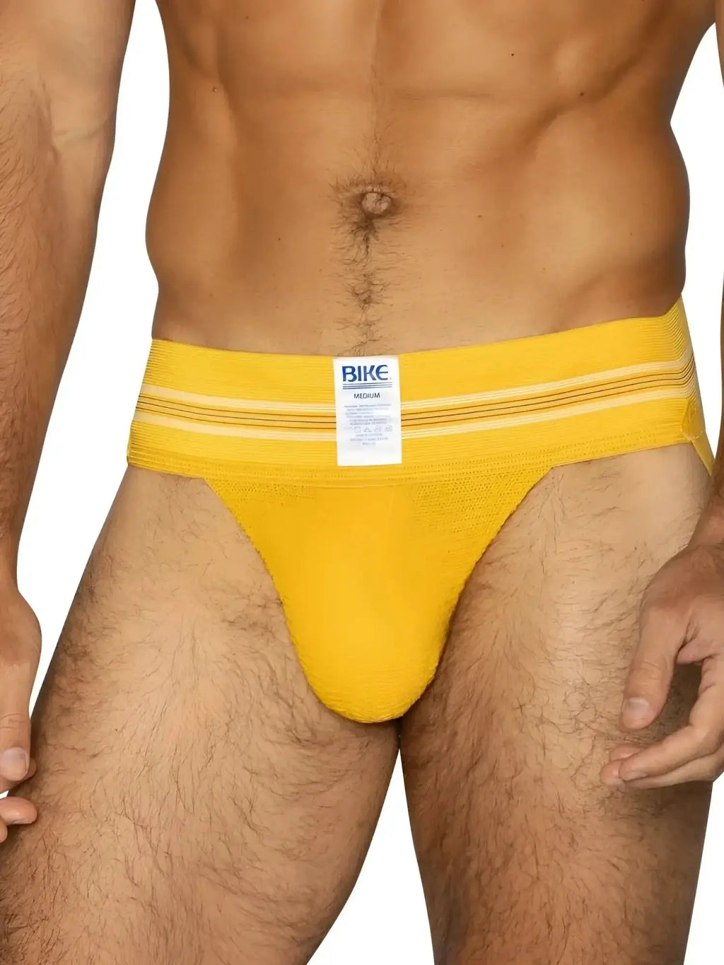 Front view of the BIKE Athletic BAS306 Original Number 10 jockstrap in yellow.