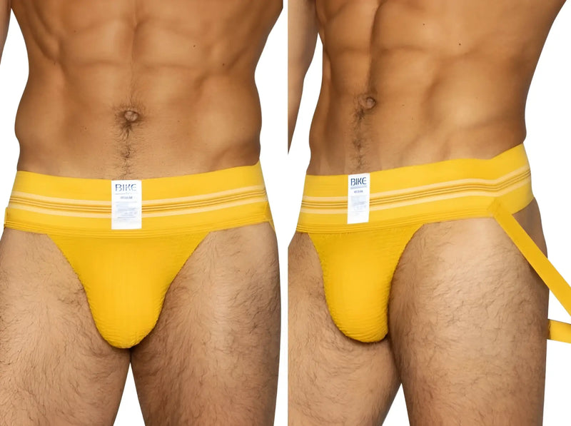 BIKE Athletic BAS306 Original Number 10 yellow jockstrap in front and side views on a male model.