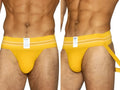 BIKE Athletic BAS306 Original Number 10 yellow jockstrap in front and side views on a male model.