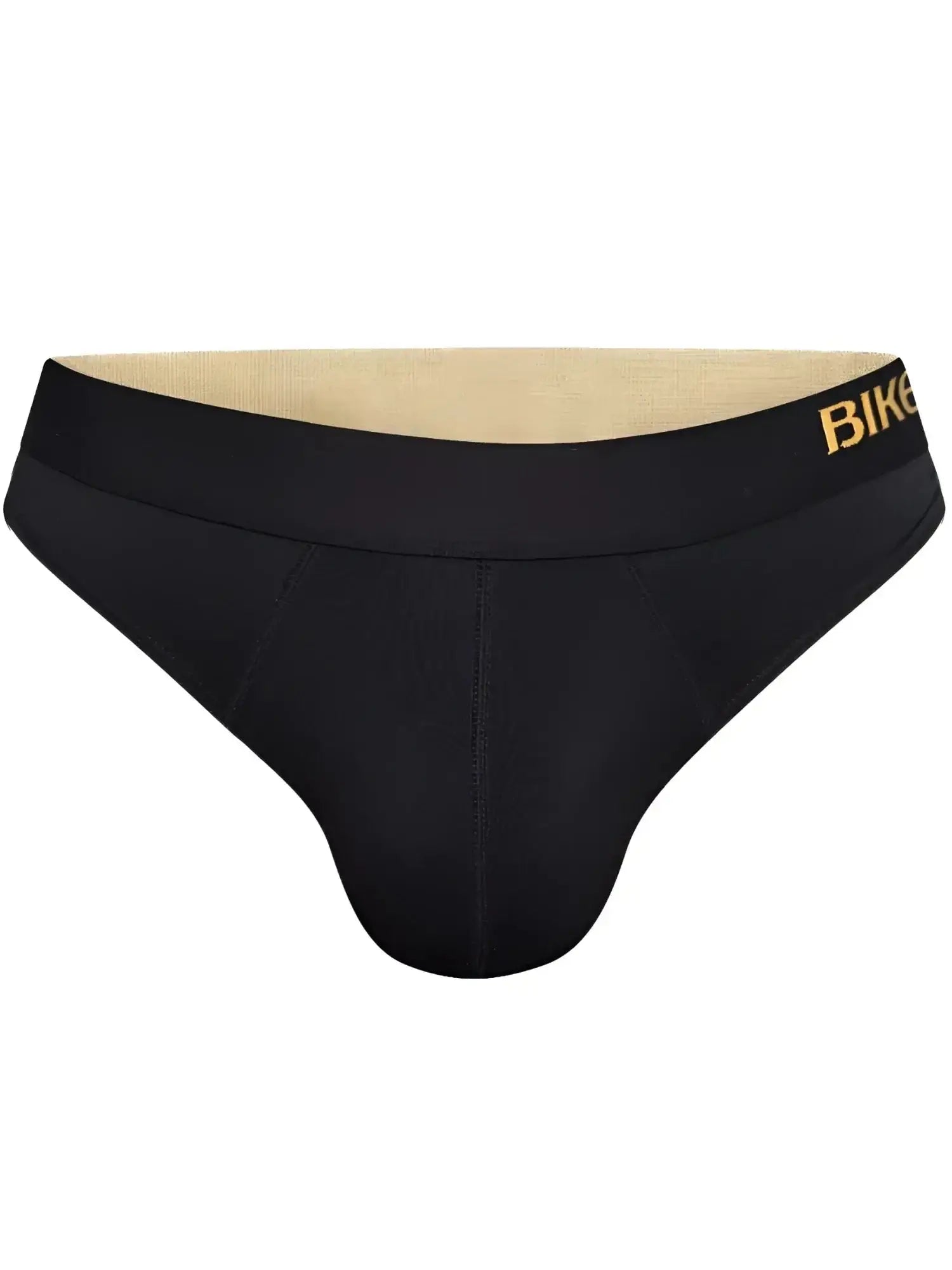 Front view of BIKE Athletic BAS319 active thong in black with gold waistband branding.