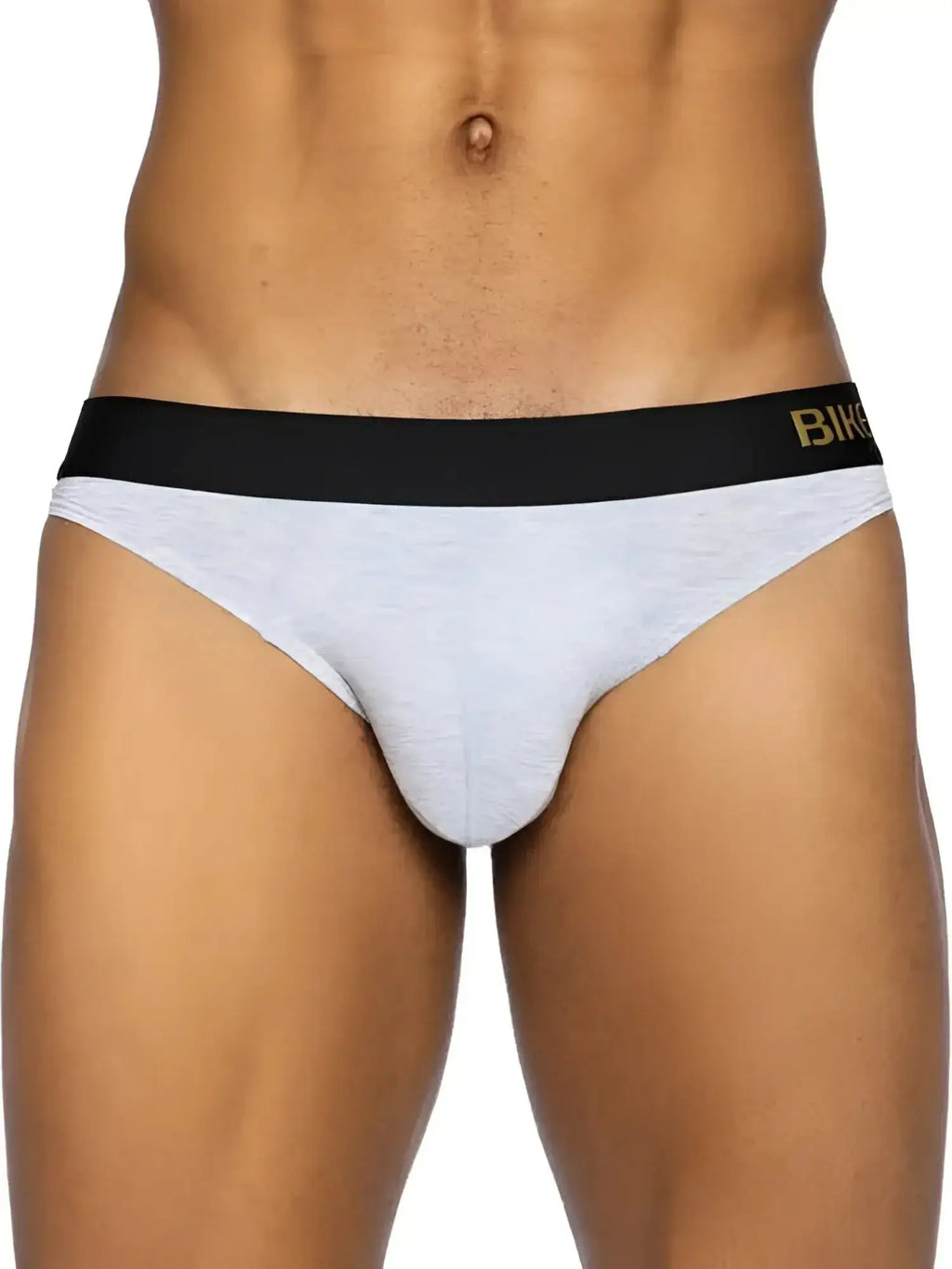 Front view of BIKE Athletic BAS319 active thong in light gray on a male model.