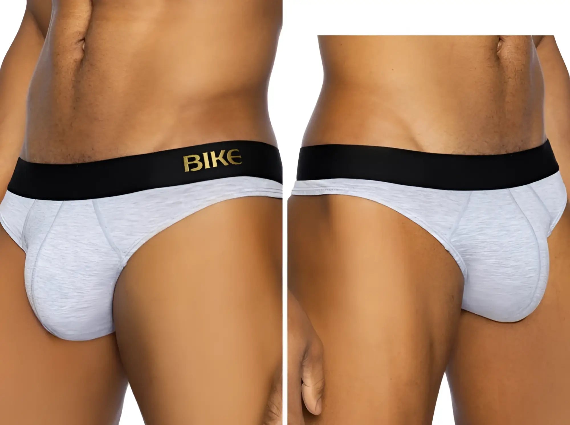 BIKE Athletic BAS319 Active Thong in light gray, shown from front and side angles on a male model.