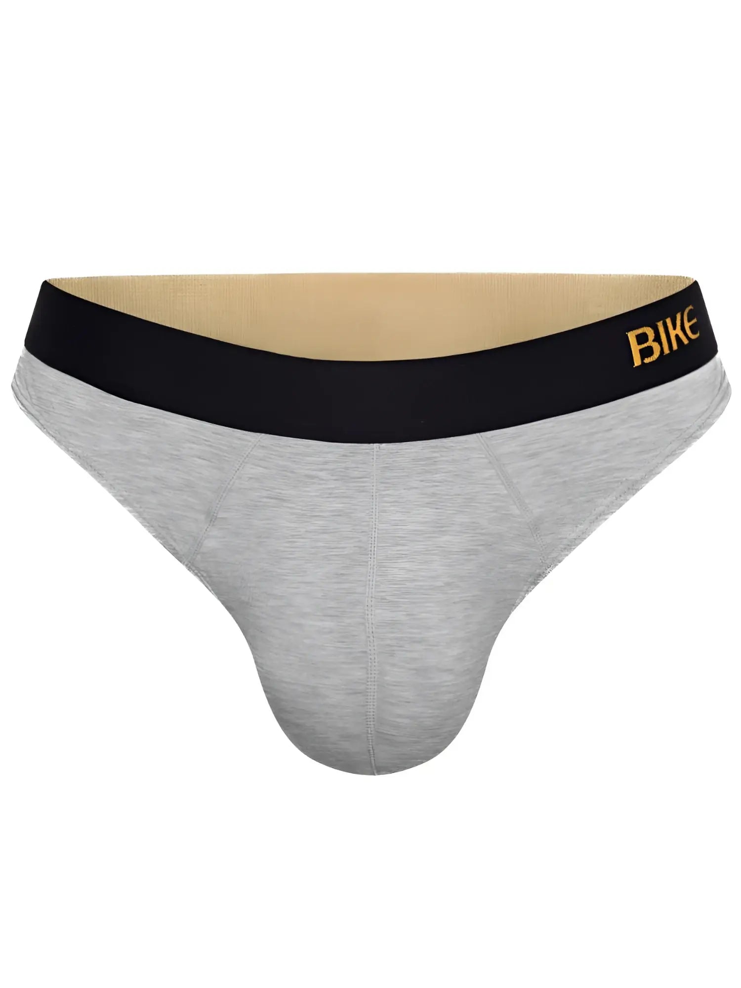 Front view of the BIKE Athletic BAS319 active thong in light gray with a black waistband.