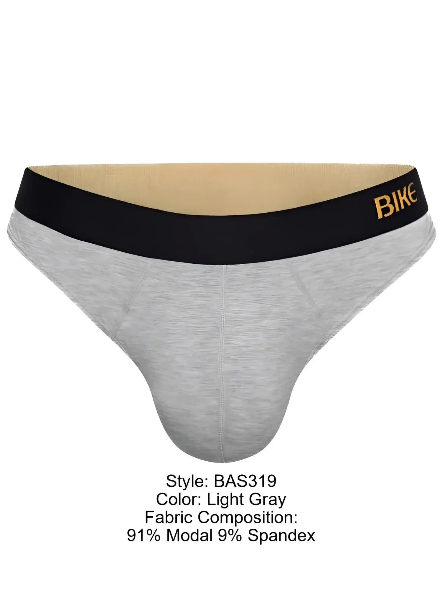 Front view of BIKE Athletic BAS319 Active Thong in light gray with black branded waistband.