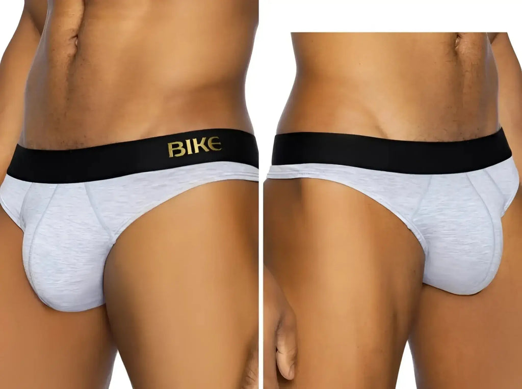 BIKE Athletic BAS319 Active Thong in light gray, shown from front and side angles on a male model.
