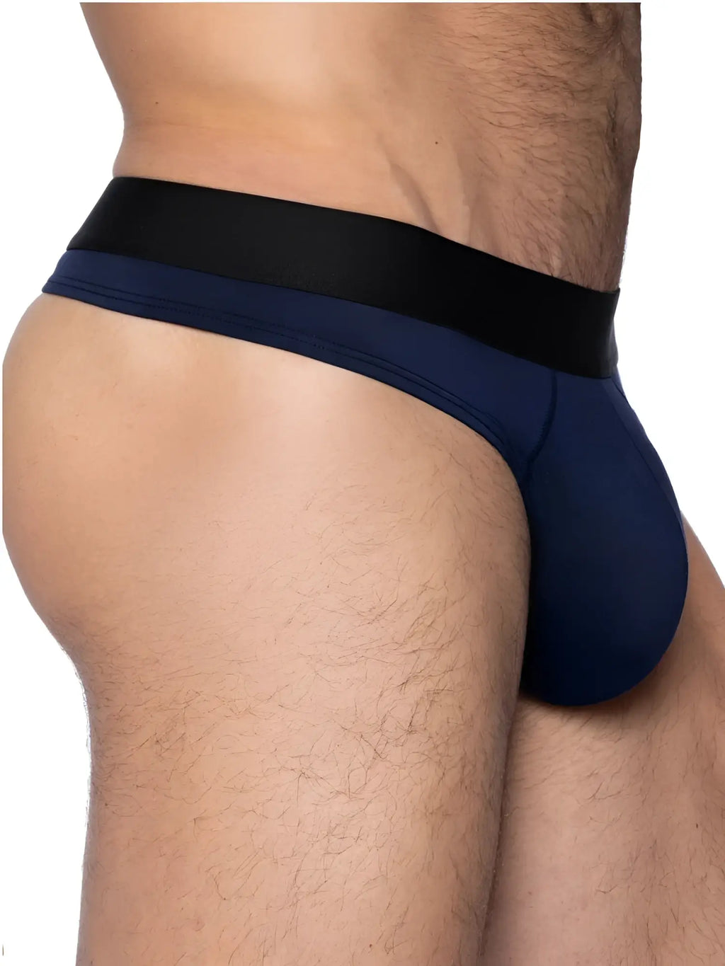 BIKE Athletic BAS319 Active Thong in Navy, side view showing the fit on a model.