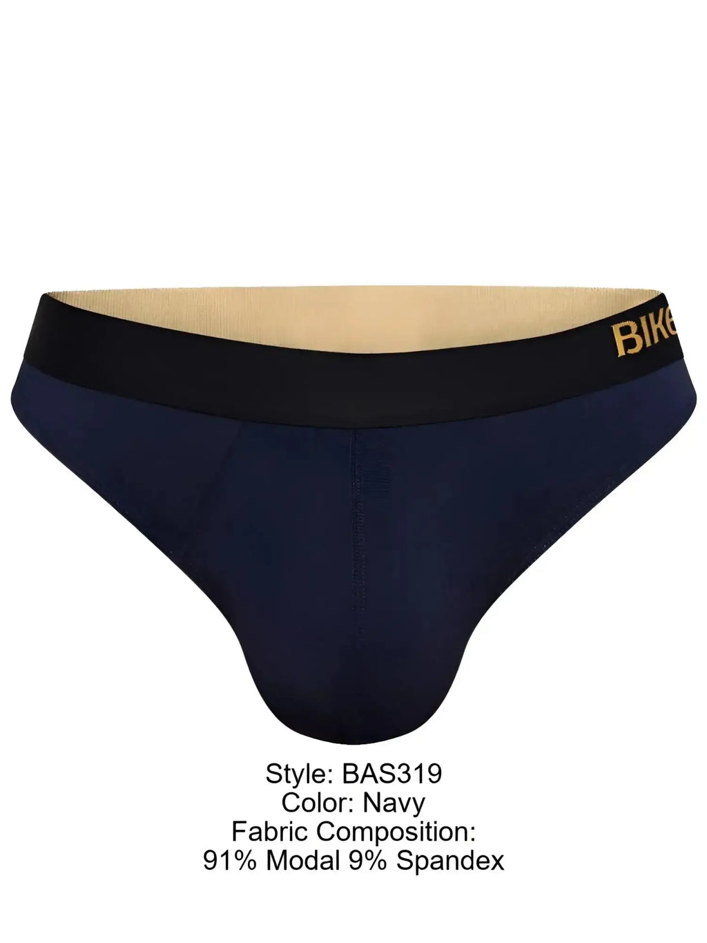 Front view of BIKE Athletic BAS319 Active Thong in navy with black and gold waistband.