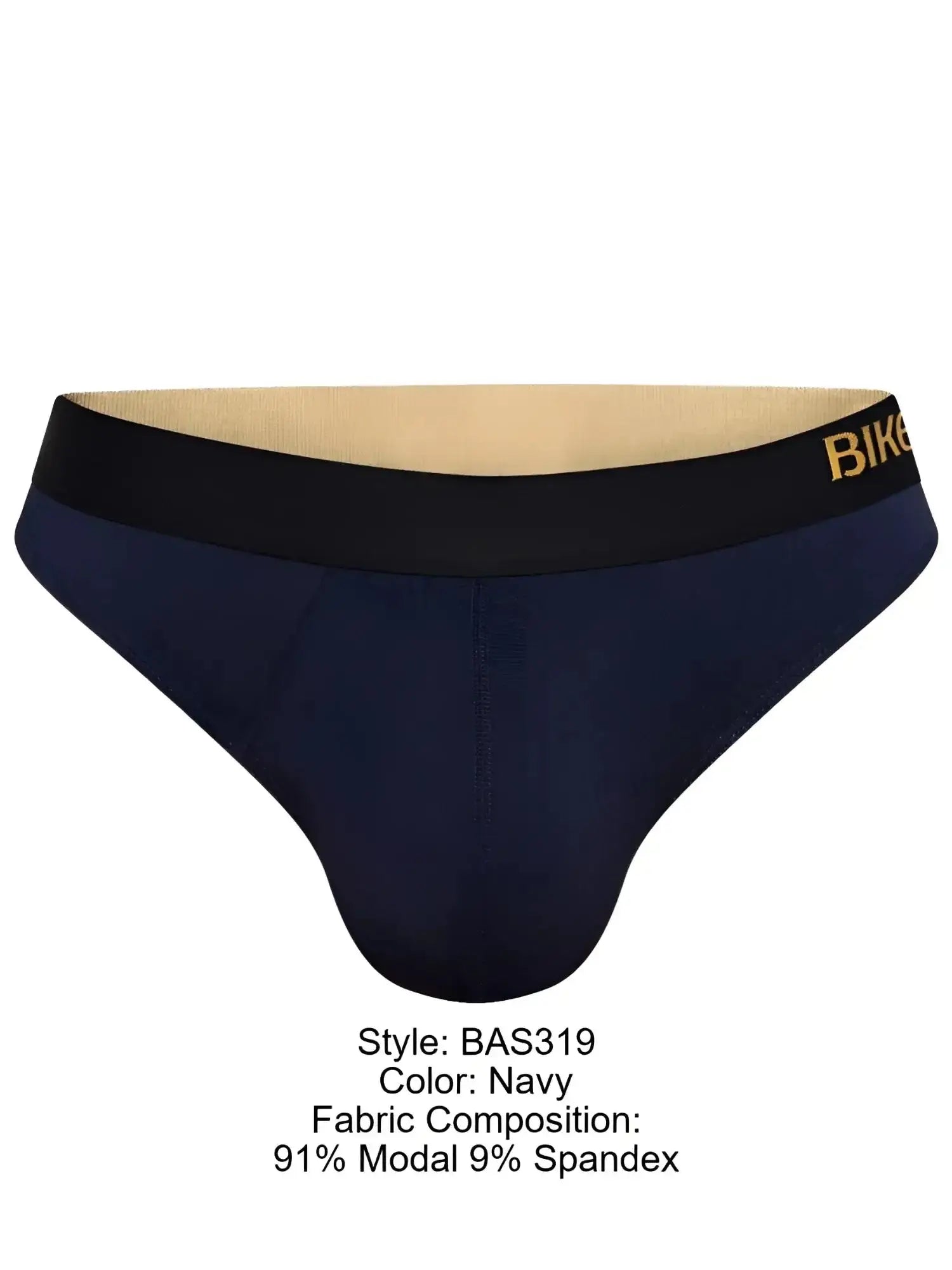 Front view of BIKE Athletic BAS319 Active Thong in navy with black and gold waistband.