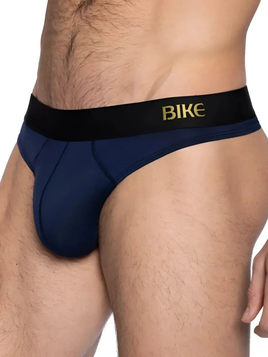 BIKE Athletic BAS319 navy active thong: close-up product view of the underwear on a model.