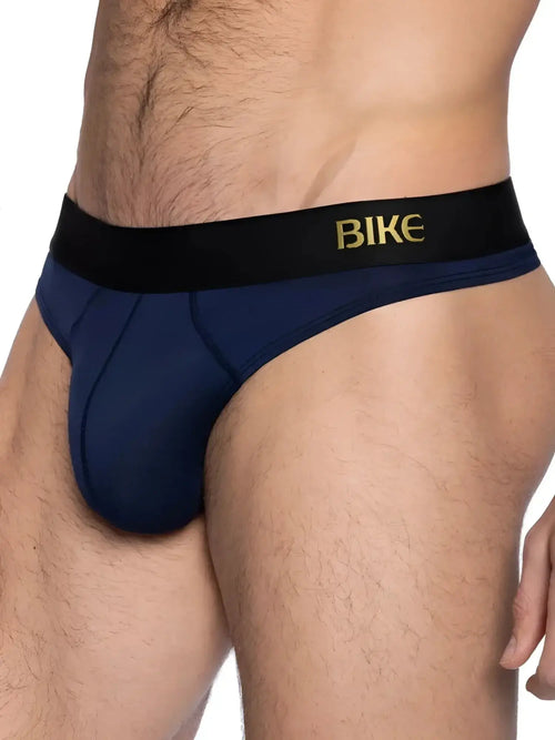 BIKE Athletic BAS319 navy active thong: close-up product view of the underwear on a model.