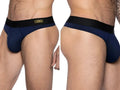 BIKE Athletic BAS319 Active Thong in Navy: side-by-side front and side views on a male model.