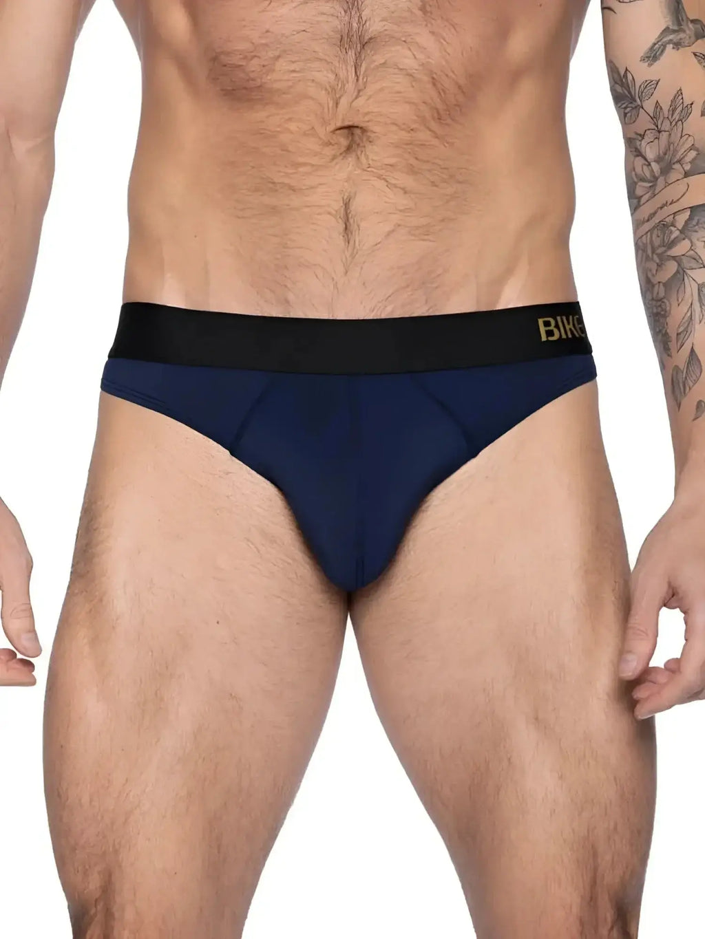 Front view of BIKE Athletic BAS319 Active Thong in navy worn by a model.