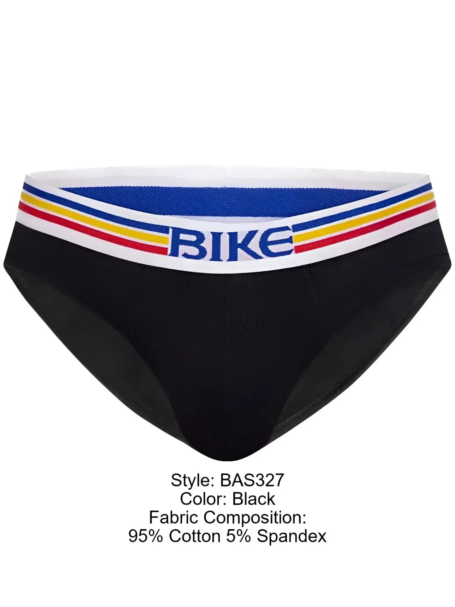 Front view of the BIKE Athletic BAS327 black stretch cotton brief with a branded, striped waistband.
