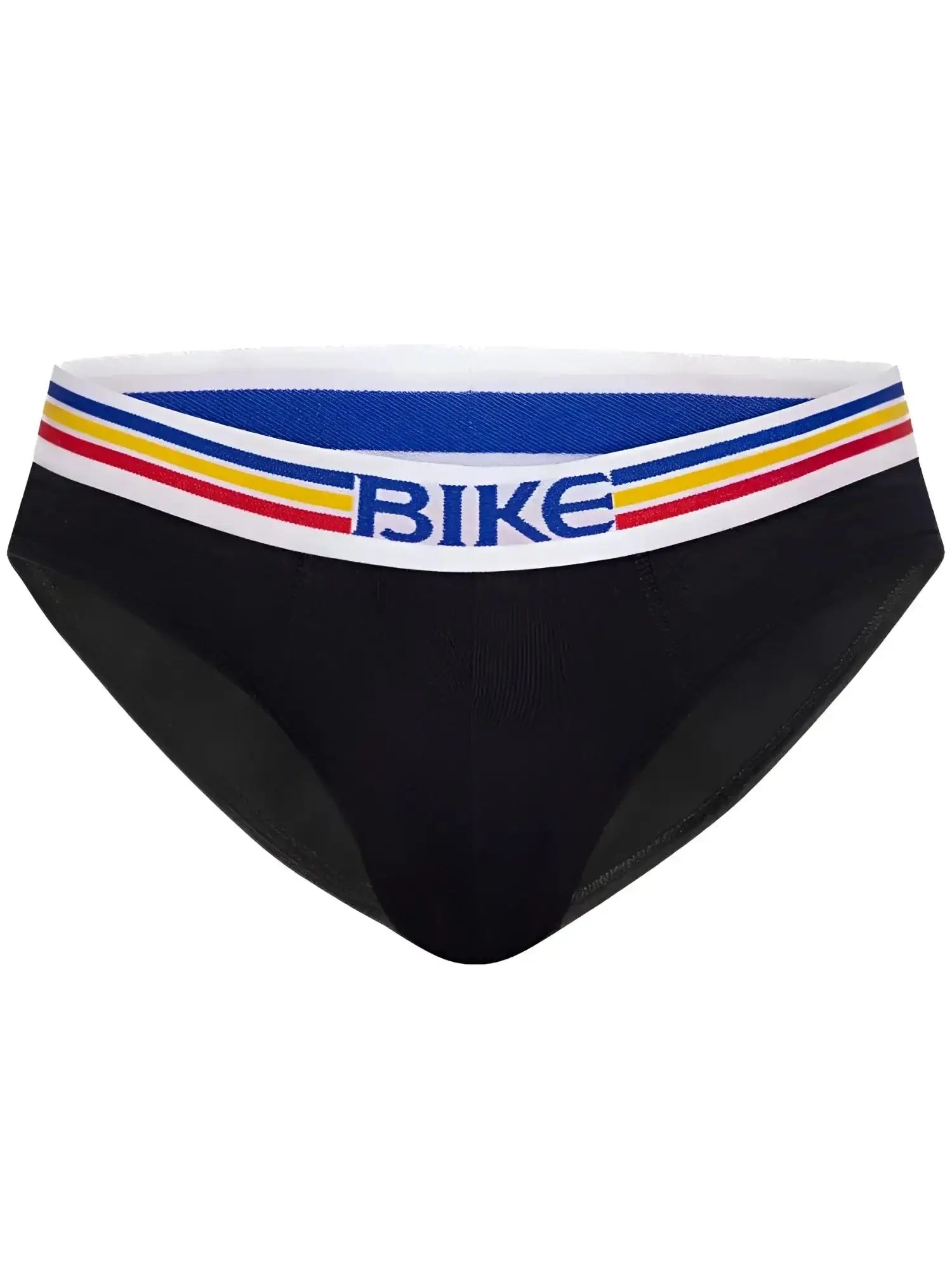 Front view of black BIKE Athletic BAS327 stretch cotton brief with a multicolored branded waistband.