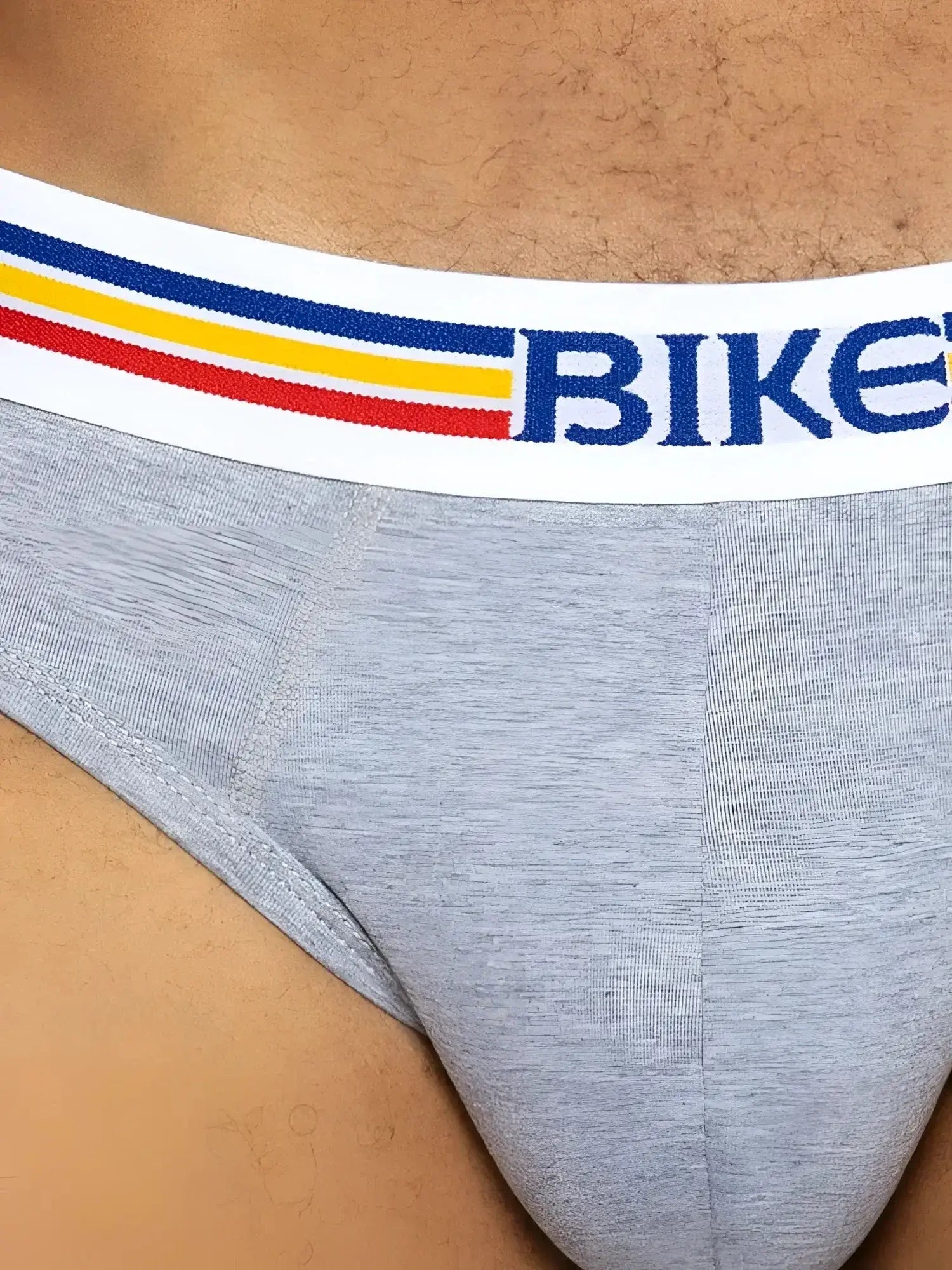 BIKE Athletic BAS327 stretch cotton brief in gray, detail view showing the branded elastic waistband.