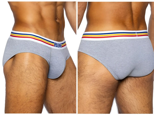BIKE Athletic BAS327 stretch cotton brief in gray, showing front and back views on a model.