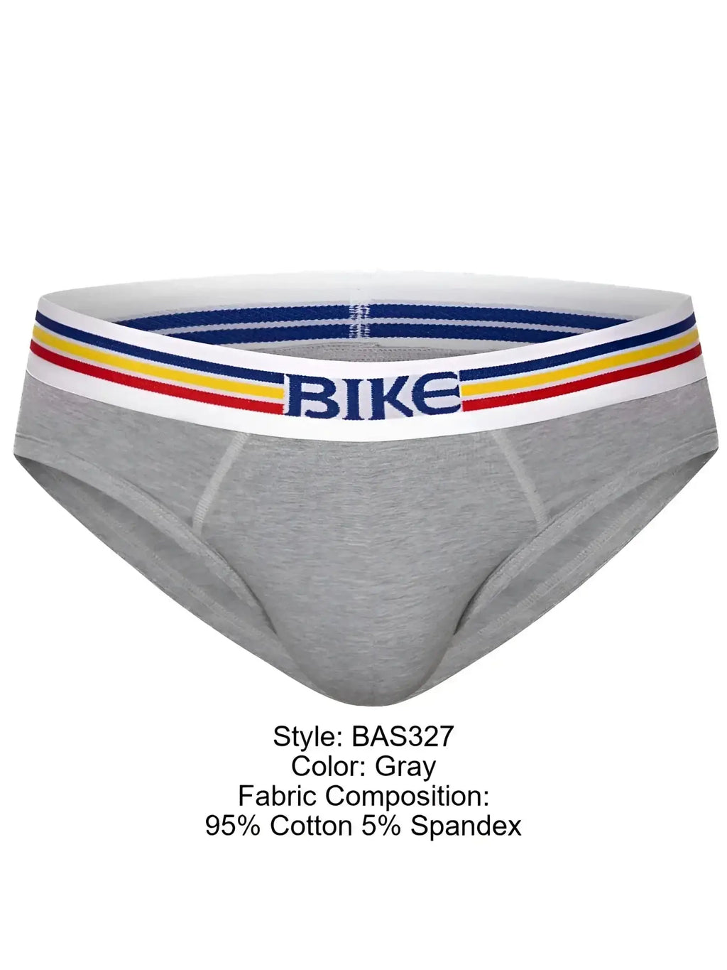 Front view of the gray BIKE Athletic BAS327 stretch cotton brief with a branded, striped waistband.