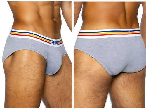 BIKE Athletic BAS327 stretch cotton brief in gray, showing front and back views on a model.