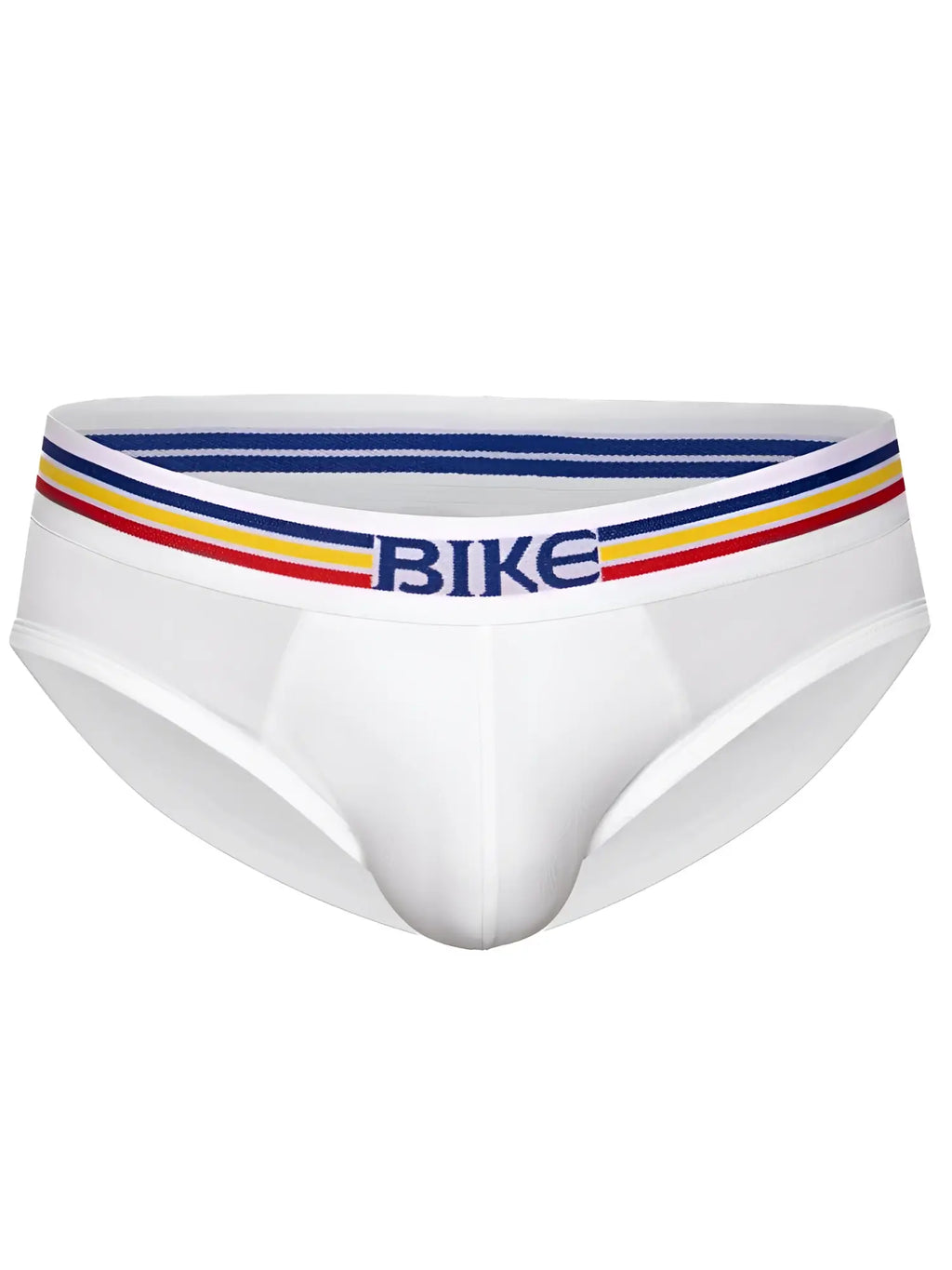 Front view of white BIKE Athletic BAS327 stretch cotton brief with branded logo waistband.