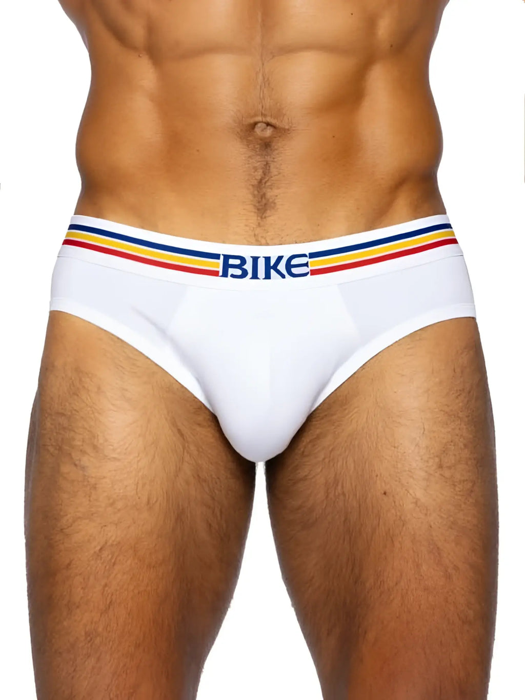 Front view of BIKE Athletic BAS327 white stretch cotton brief underwear on a model.