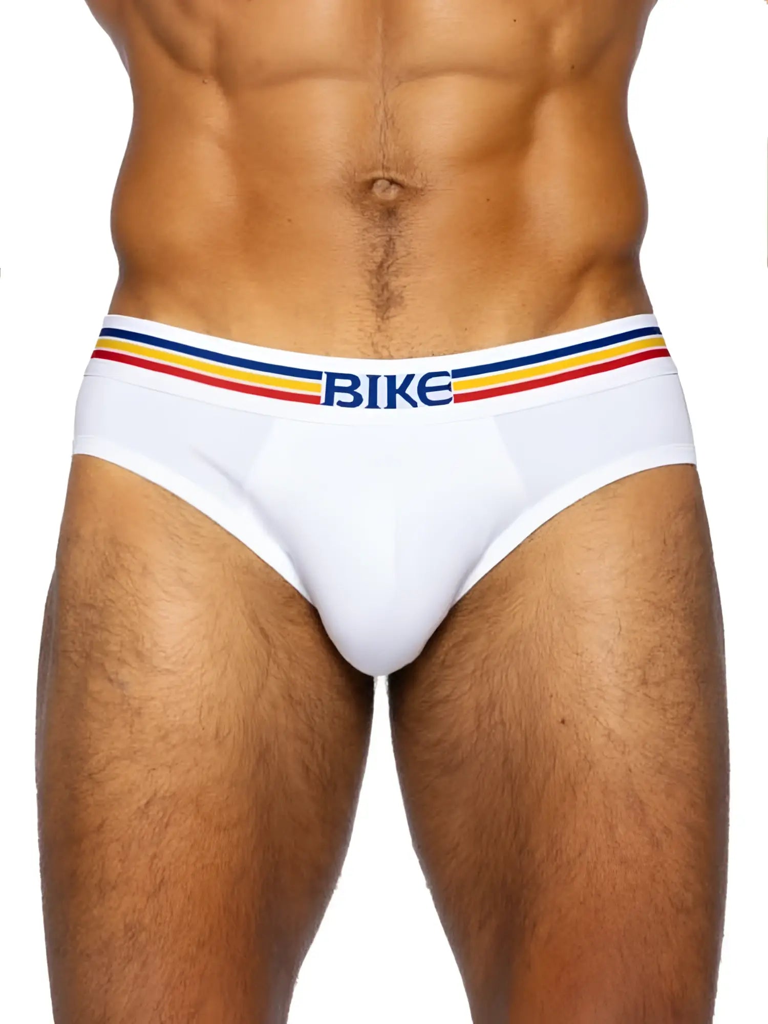 Front view of BIKE Athletic BAS327 white stretch cotton brief underwear on a model.