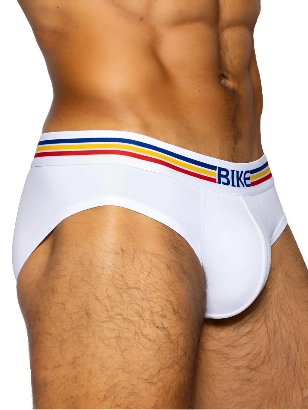 BIKE Athletic BAS327 stretch cotton brief in white. Side profile view showing the branded waistband.