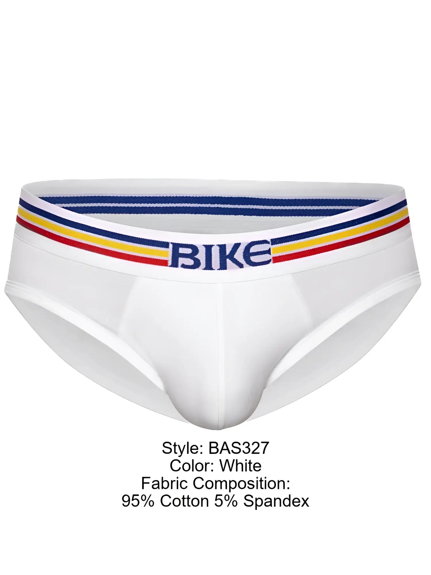 Front view of white BIKE Athletic BAS327 stretch cotton brief with a multicolored striped logo waistband.
