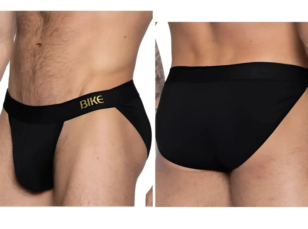 BIKE Athletic BAS331 Active Jock Brief in black, showing front and back views on a model.