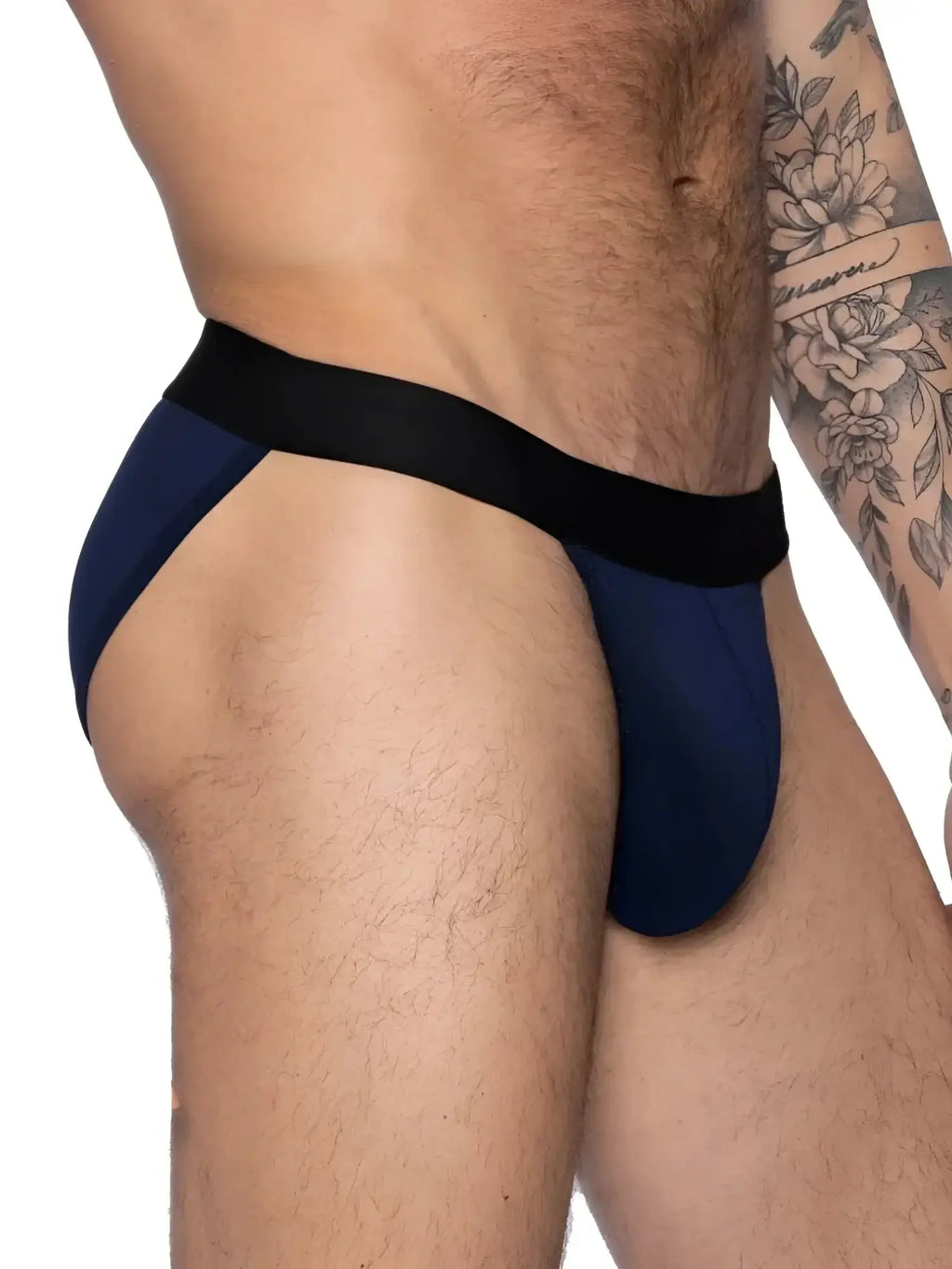 BIKE Athletic BAS331 Active Jock Brief in Navy, side view showing the backless design on a model.