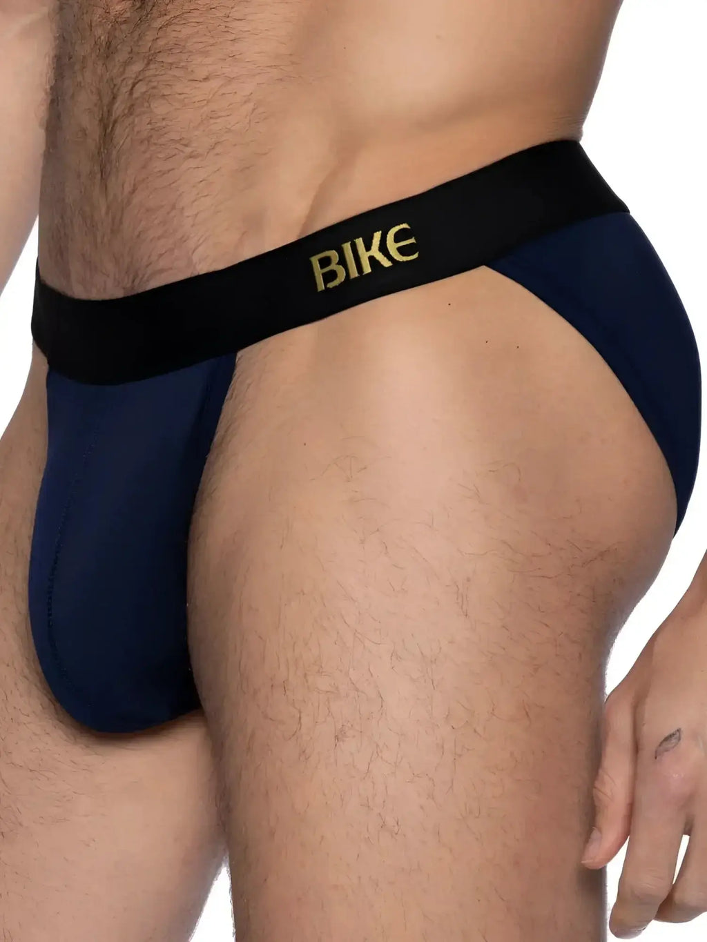BIKE Athletic BAS331 Active Jock Brief in navy, side view showing fit and branded waistband.