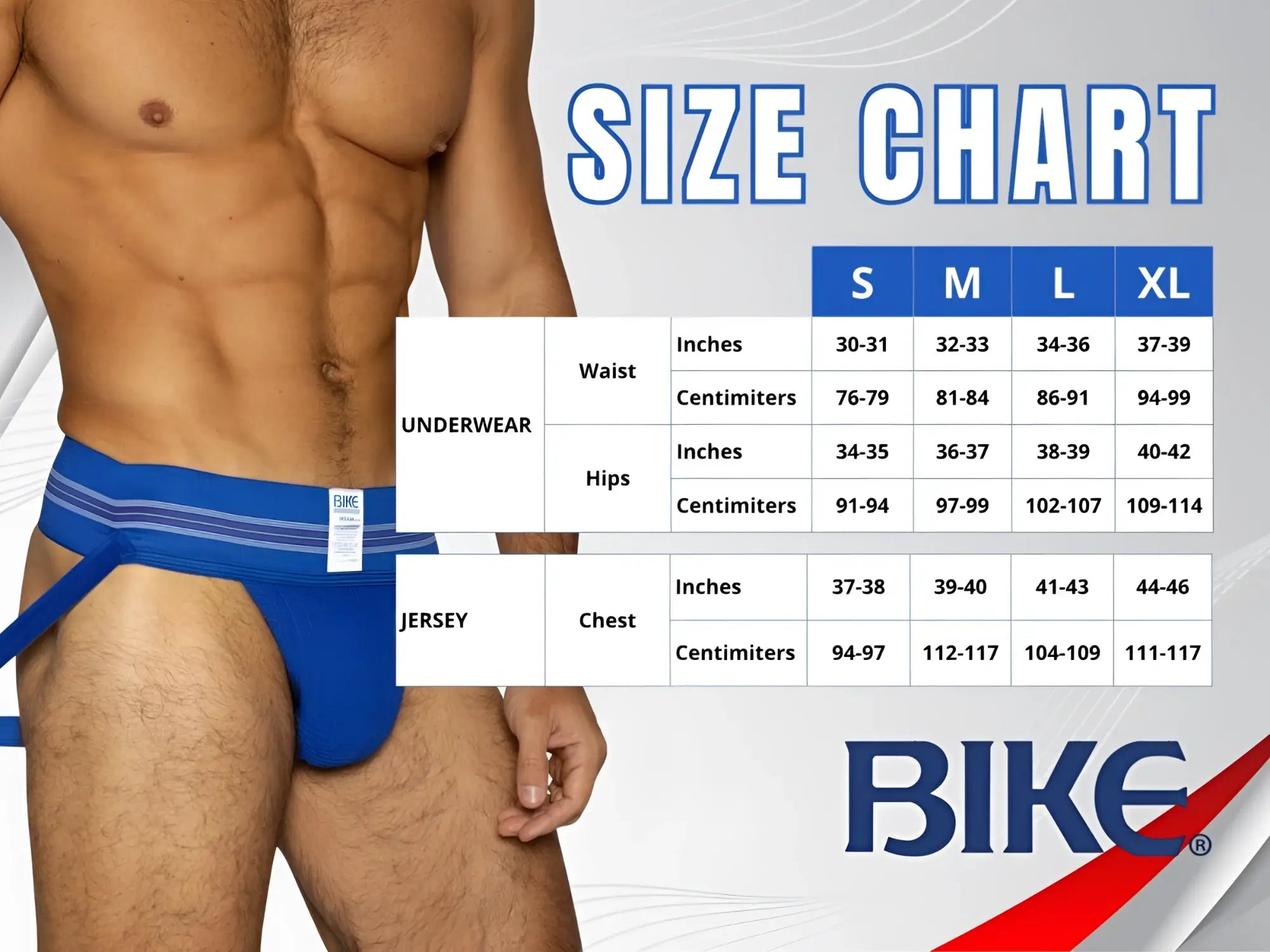 BIKE Athletic BAS331 Navy Active Jock Brief size chart with model wearing the product.
