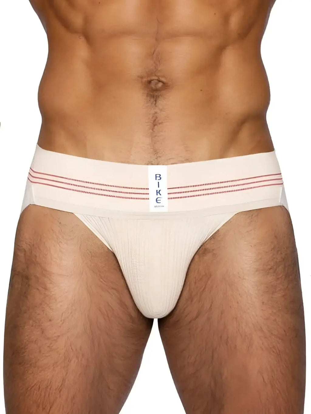 BIKE Athletic BAS333 Classic Retro jockstrap in vintage cream, front view worn by a male model.