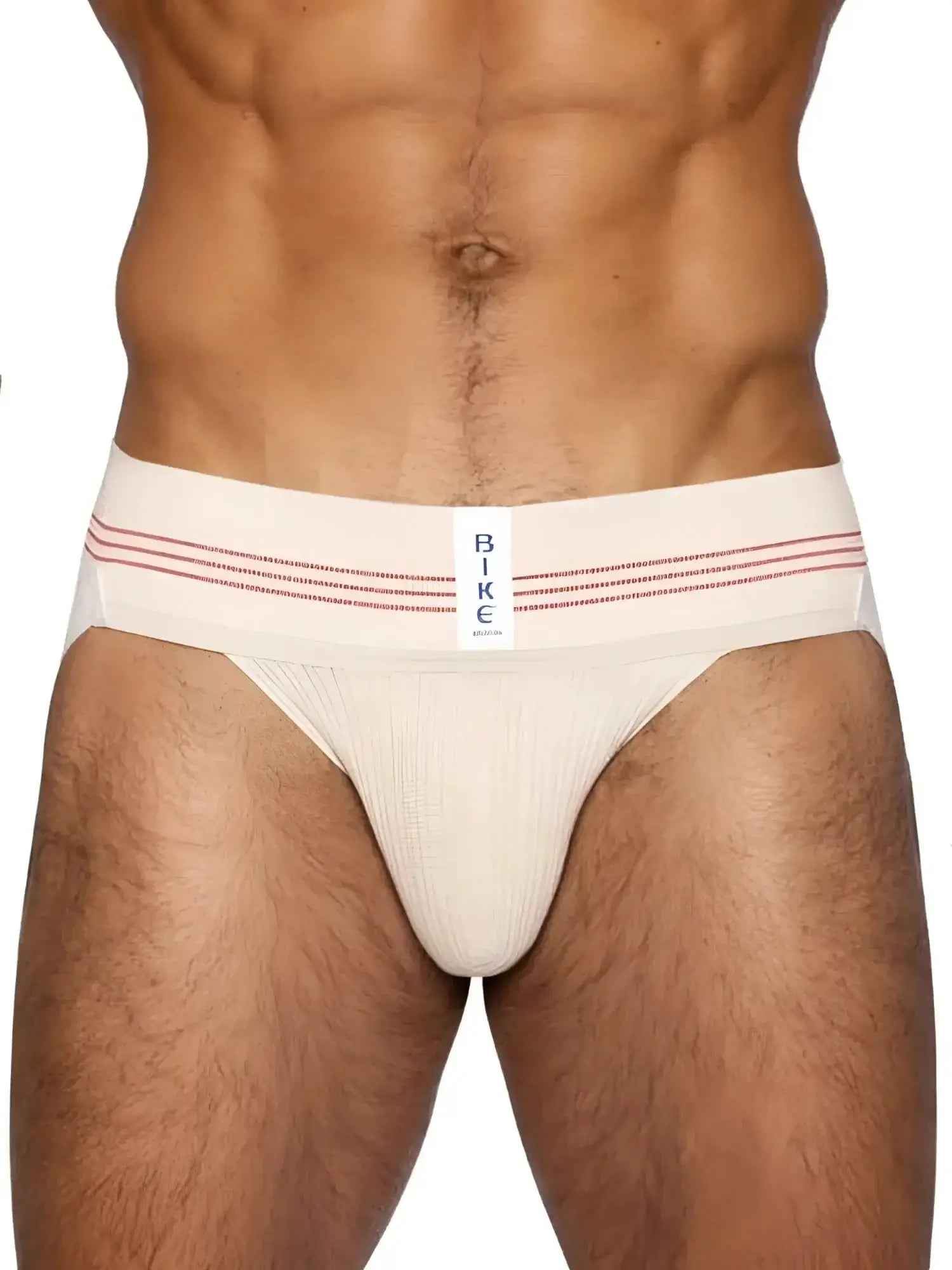 BIKE Athletic BAS333 Classic Retro jockstrap in vintage cream, front view worn by a male model.